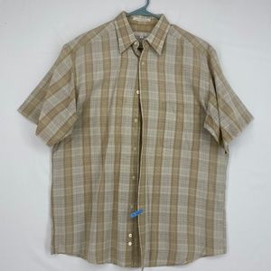 Perry Ellis Mens Medium Button Front Shirt Beige Tan Plaid Linen Cotton Blend SS